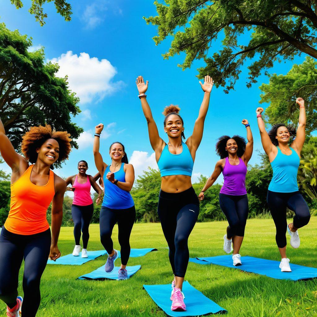 A dynamic and joyous scene showcasing a group of diverse individuals engaged in various fitness activities, such as running, yoga, and weightlifting, amidst a backdrop of lush greenery and bright blue skies. Include vibrant visual elements like colorful workout gear and joyful expressions to convey the energy and transformation in their fitness journeys. The image should exude positivity, empowerment, and the idea of personal growth. super-realistic. vibrant colors. lively atmosphere.